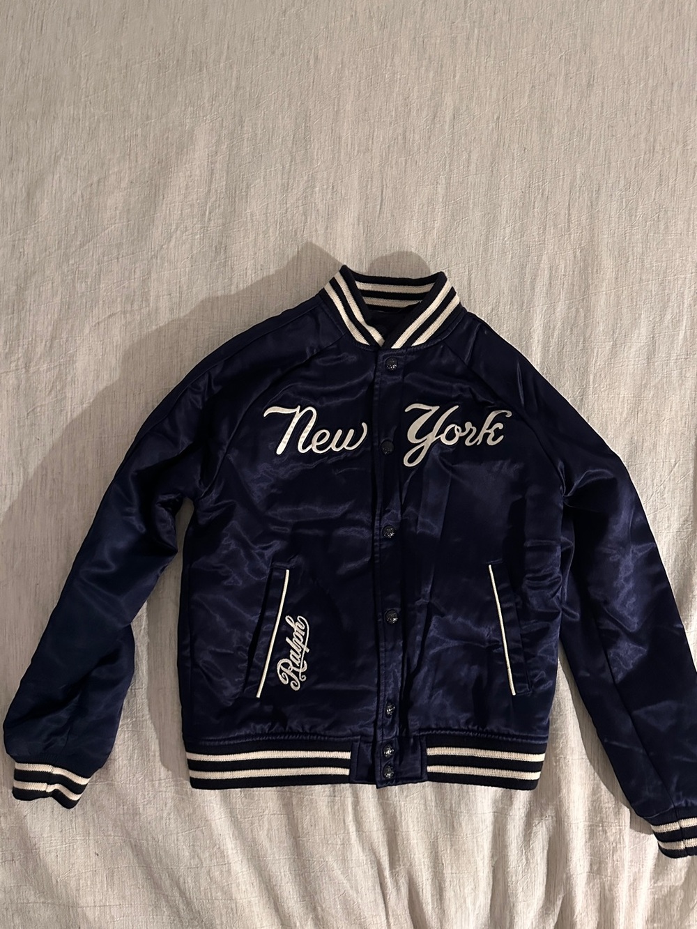Ralph Lauren Navy Satin 'New York' Bomber Jacket